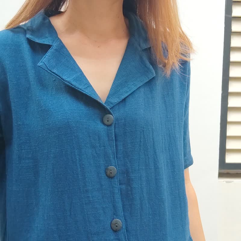 Indigo Dress - 扎染棉质夏威夷领连身裙 - 洋装/连衣裙 - 棉．麻 蓝色