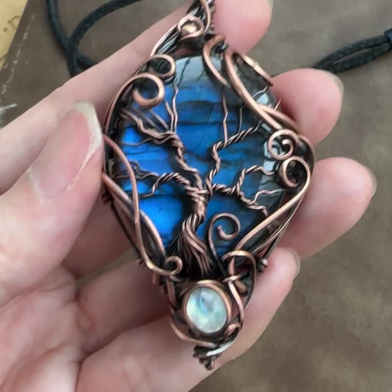 WW244 全手工编织 绕铜线复古做旧 wire wrap 生命之树拉长石吊咀 - 项链 - 铜/黄铜 咖啡色