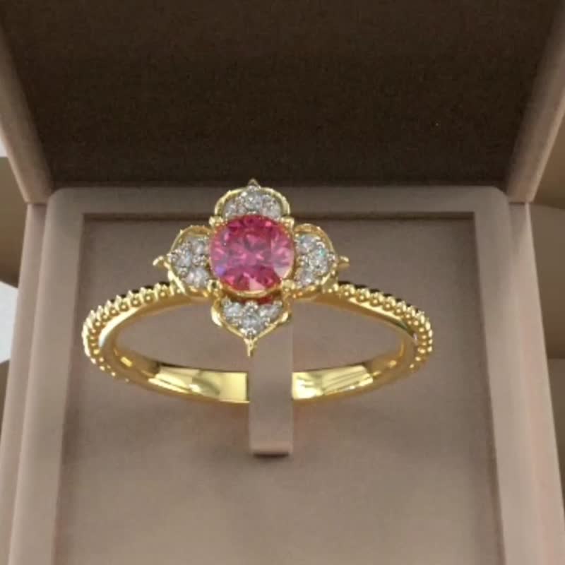 Pink Gemstone Gold Ring, Floral Design 925 Silver, Handmade Thailand Jewelry - 戒指 - 半宝石 咖啡色