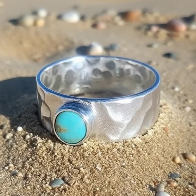 【Captain Flint银饰】天然绿松石坑洞质感纯银戒指 苍屿之石 - 戒指 - 宝石 绿色