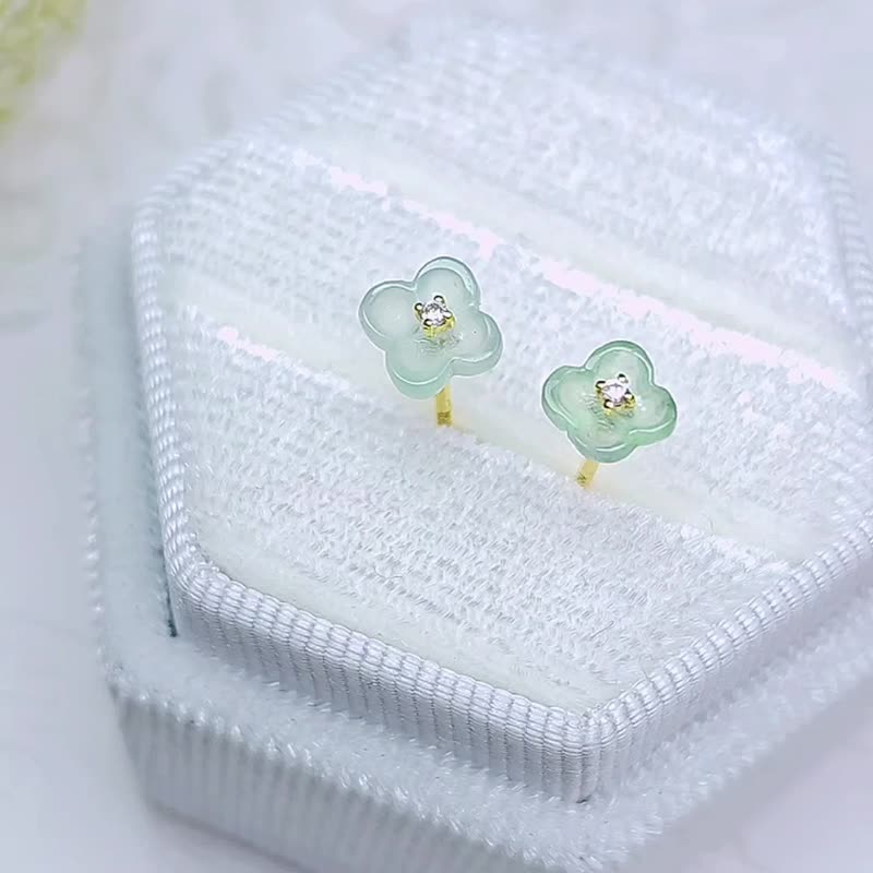 贵人•招财•健康 |18k金桂花|缅甸A货翡翠冰马卡龙绿耳环 - 耳环/耳夹 - 玉石 多色