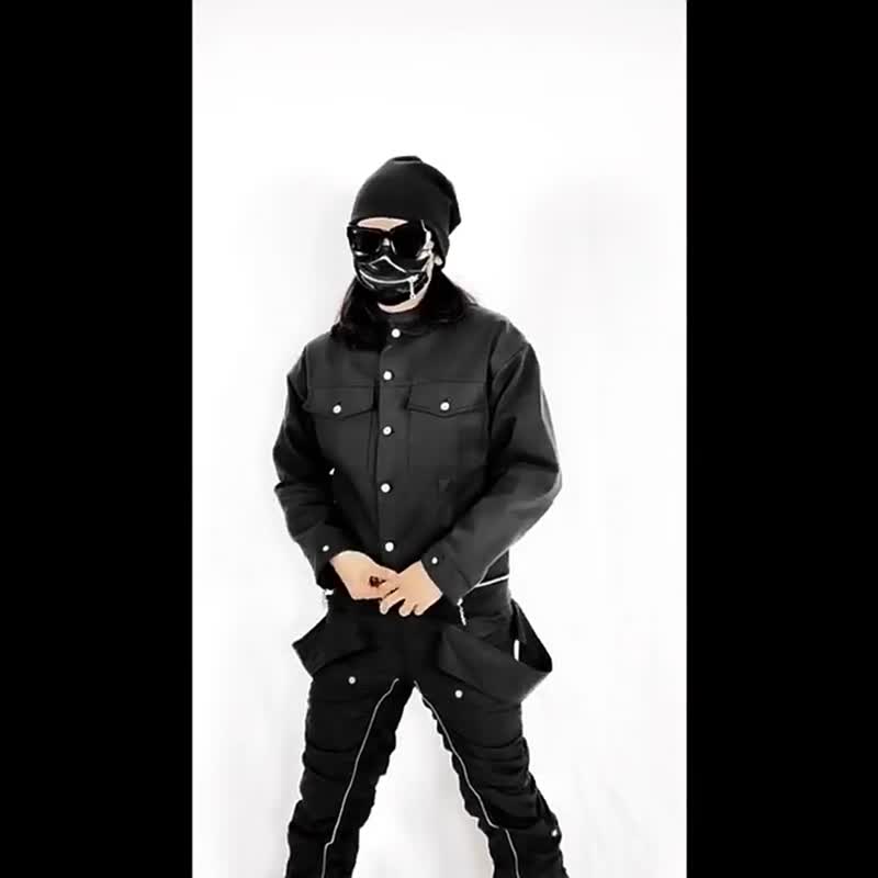 美式復古 原創小眾暗黑潮流拉鏈修身 機車牛仔夾克 - 男装外套 - 其他材质 黑色