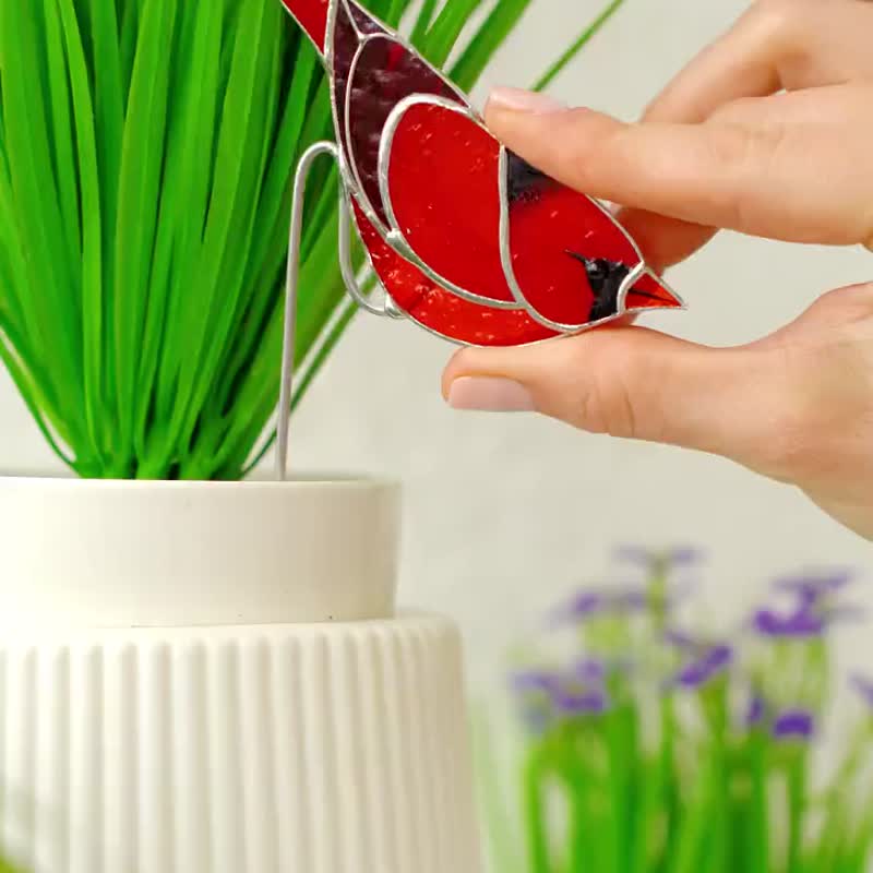 彩绘玻璃红色红雀花盆装饰 送给妈妈的礼物 爱鸟人士的礼物 - 植栽/盆栽 - 玻璃 