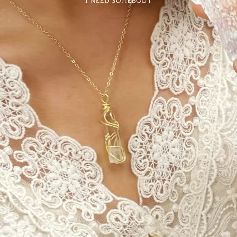 【白水晶晶柱】天然白水晶原石项链 / 手工编织 - 吊饰 - 宝石 白色