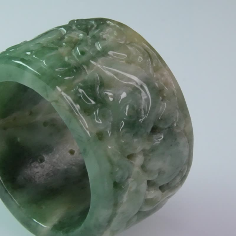 老三彩翡翠雕花扳指 | 天然缅甸A货翡翠 | 送礼 - 戒指 - 玉石 多色