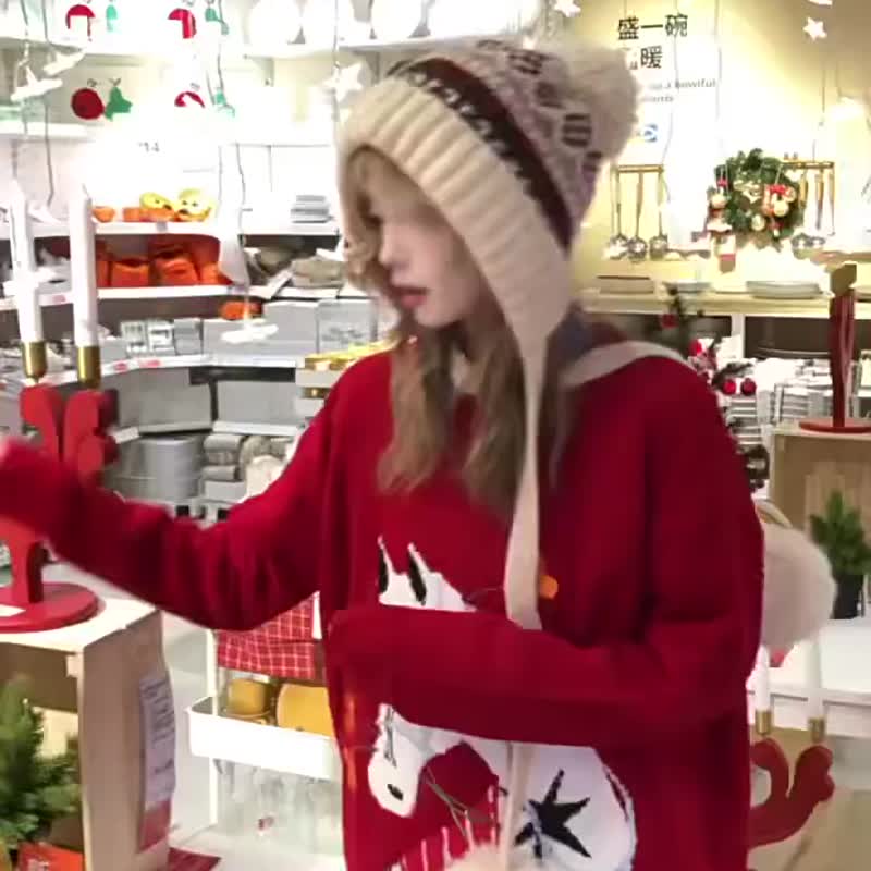 马年衣服红色提花针织衫女  冬季情侣装毛衣 - 女装针织衫/毛衣 - 聚酯纤维 