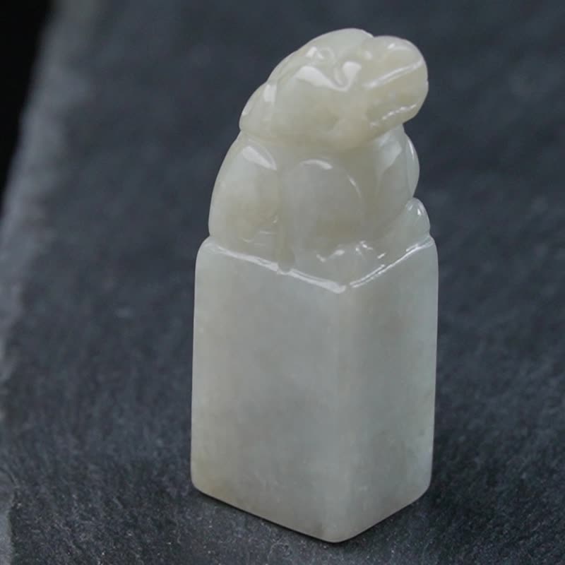 【招财神兽】淡黄翡翠貔貅玉印章 | 天然缅甸玉翡翠A货 | 送礼 - 印章/印台 - 玉石 绿色