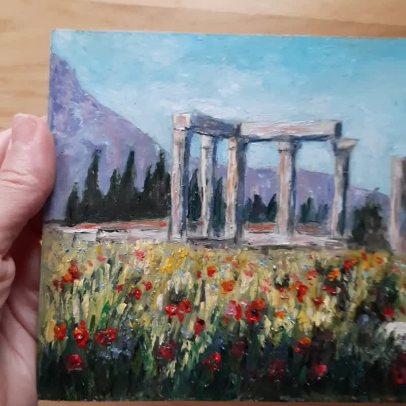 古科林斯原创油画：阿波罗神殿，红色罂粟花风景画 - 墙贴/壁贴 - 纸 