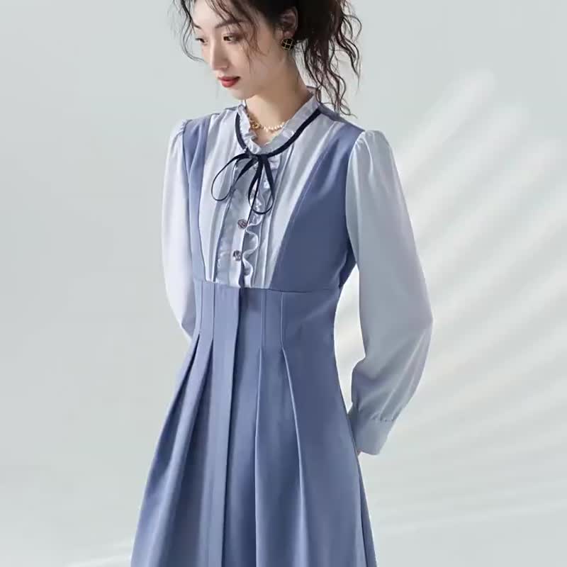 秋季【蓝梦】新中式蝴蝶结连衣裙 少女法式复古蓝色洋裝 - 洋装/连衣裙 - 其他材质 蓝色