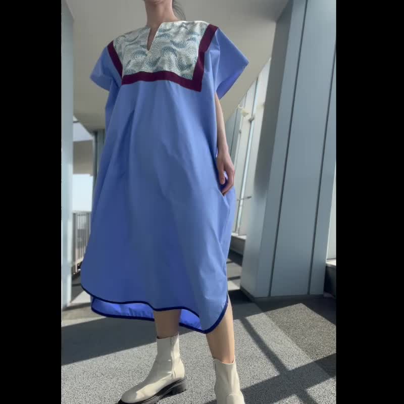 The only item Very big square dress of  French style - 洋装/连衣裙 - 棉 蓝色