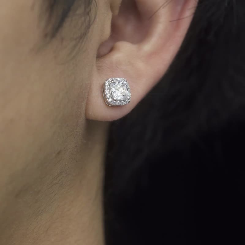 Wbj 满钻垫型群镶耳钉 (白色/黄色) 925 银 纯银耳环 电镀 18K 白金 - 耳环/耳夹 - 宝石 银色