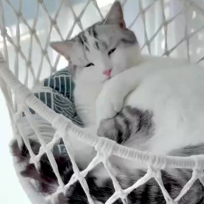 手工編織流苏吊掛式貓咪吊籃 猫吊床 猫窝 - 床垫/笼子 - 棉．麻 白色
