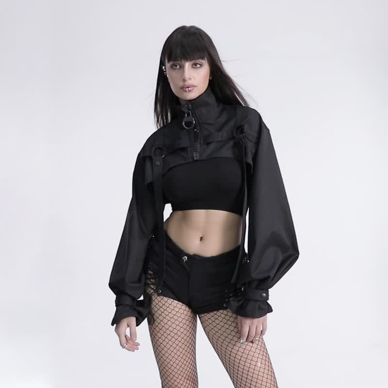 弗摩尔人街头机能中空短外套 / 宽松版型 / 两穿式 - 女装衬衫 - 其他材质 黑色