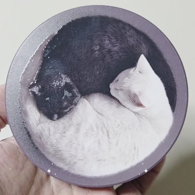 黑白睡猫-晶雕陶瓷吸水杯垫 - 杯垫 - 陶 白色