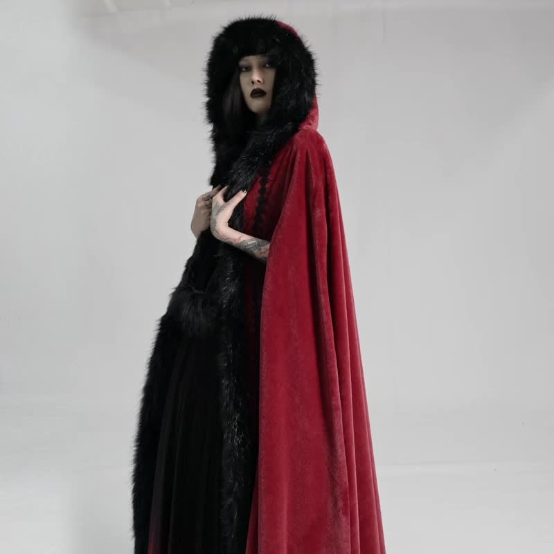 幽暗秘林女巫仿兔毛长斗篷 - 黑 / 红 - 女装休闲/机能外套 - 其他材质 红色