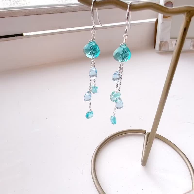 [Limited 1] Natural stone aquamarine, blue quartz, apatite long earrings Silver925 0035 - 耳环/耳夹 - 半宝石 蓝色