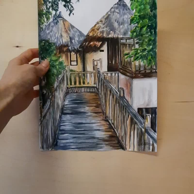 Original watercolor painting Tropical landscape House painting Wall art decor - 海报/装饰画/版画 - 纸 多色