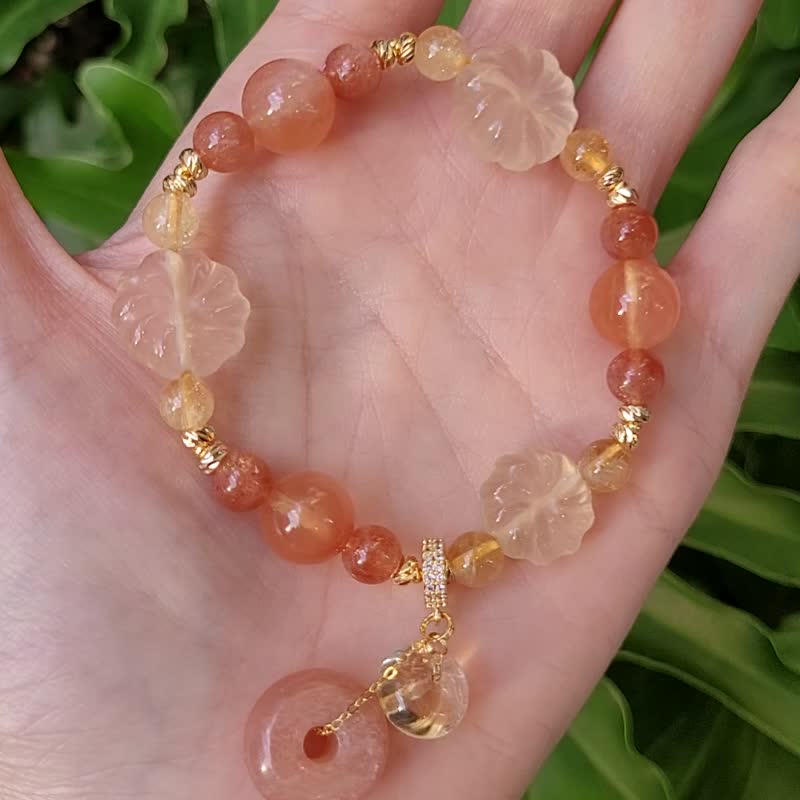 顶级橙月光 黄水晶 古钱 金太阳 兔毛水晶 智慧 招财 手链 礼物 - 手链/手环 - 宝石 橘色