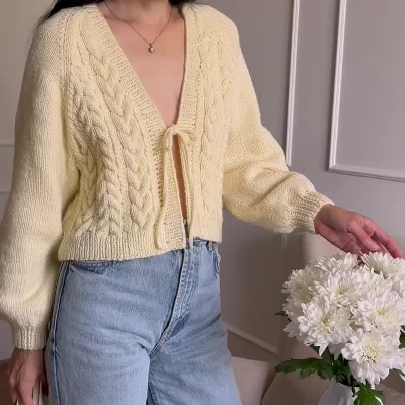 麻花编织绑带短版开襟外套 羊毛针织短夹克 奶油白毛衣 S - 女装针织衫/毛衣 - 羊毛 