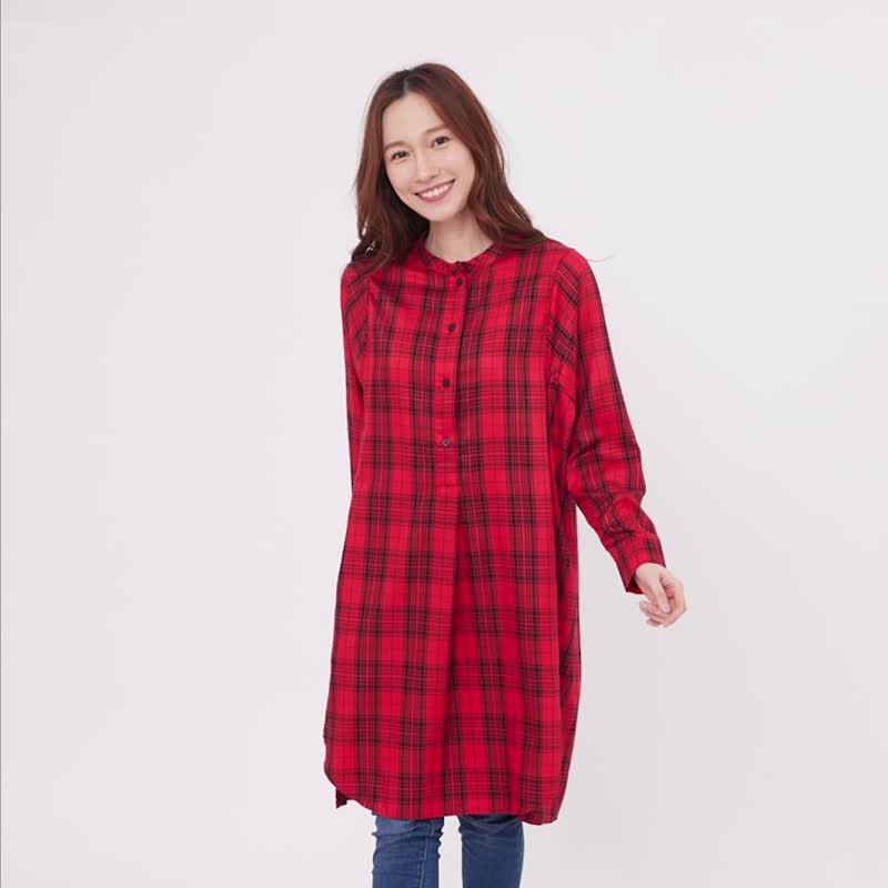 Katy亨利領細格長版襯衫洋裝/ 紅格紋 - 女装衬衫 - 棉．麻 红色