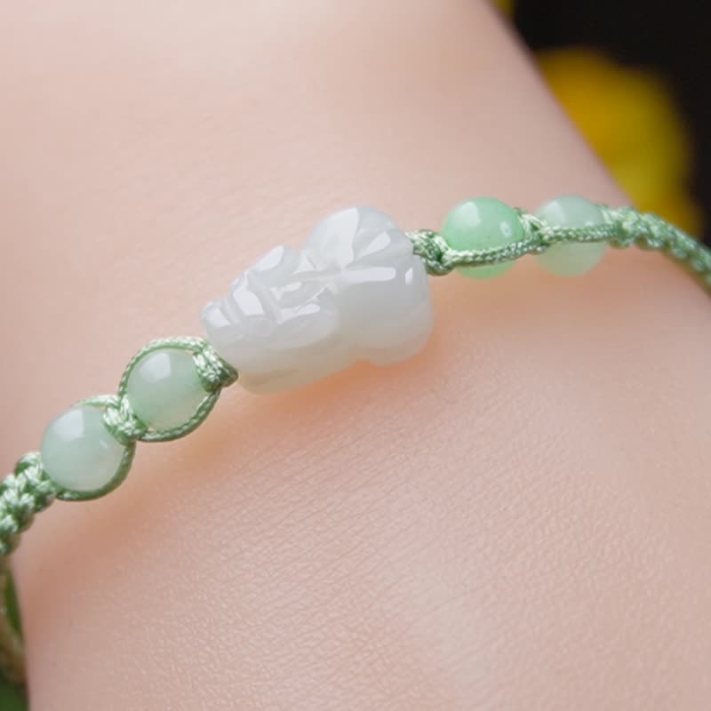 【招财神兽】冰种翡翠貔貅编织手链 | 天然缅甸玉翡翠A货 | 送礼 - 手链/手环 - 玉石 白色