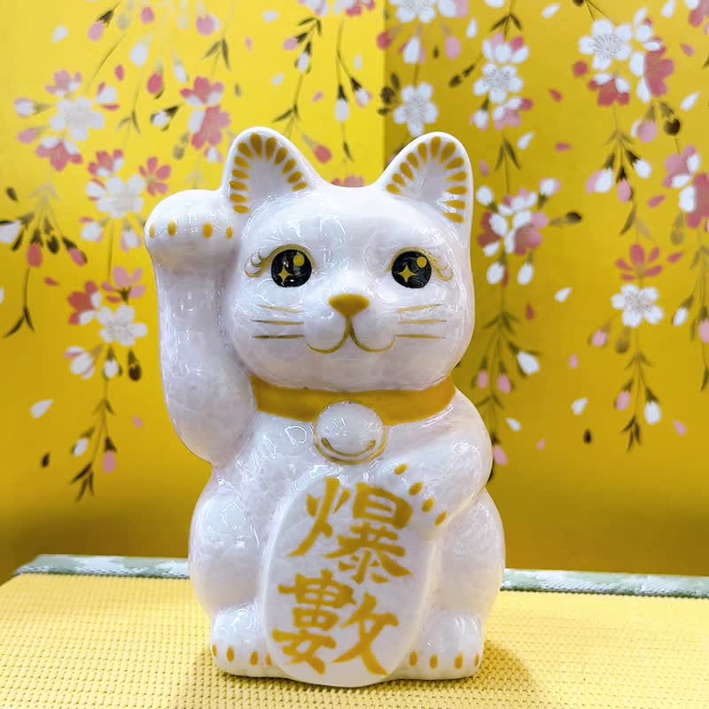 【爆数千红】日本清水烧招财猫 | 花结晶 桃 - 爆数 右 - 摆饰 - 瓷 白色