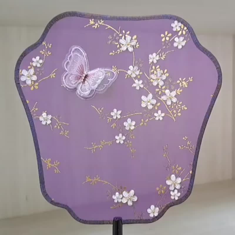 立体梅花宫扇【蝶恋花】~金银双面 (附黑色扇架) - 扇子 - 绣线 紫色