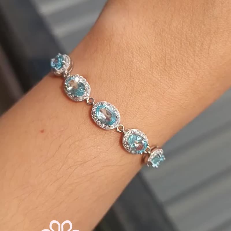 Rosen'marry / 天然蓝拓帕石手链 925 纯银镀白金 可调式抽绳设计 - 手链/手环 - 纯银 蓝色