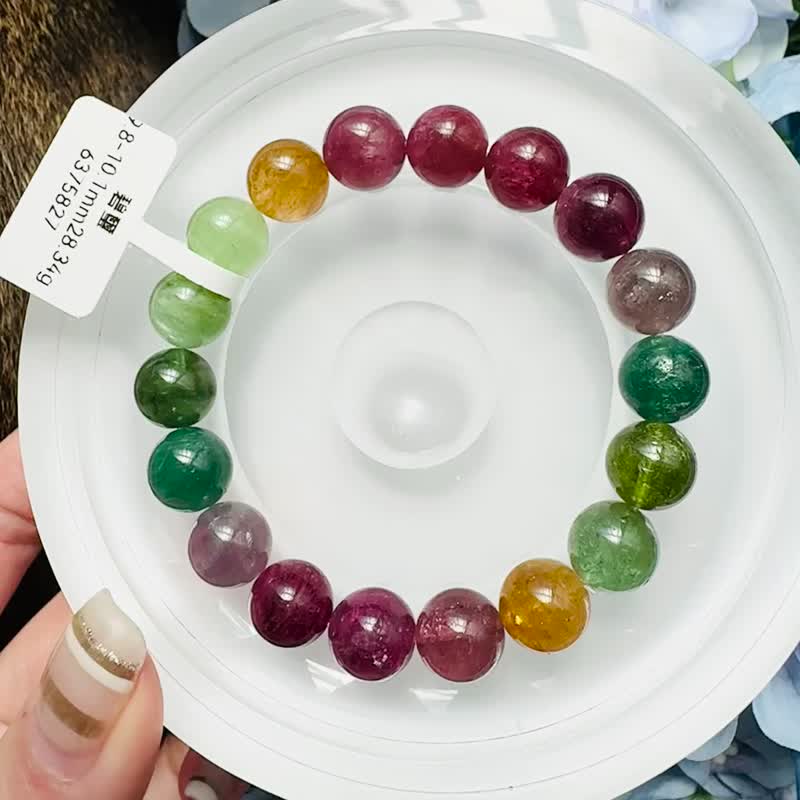 小精品老矿浓色彩碧玺 9.8-10.1mm28.34g 稀有紫灰碧玺电气石旺夫石 - 手链/手环 - 水晶 多色