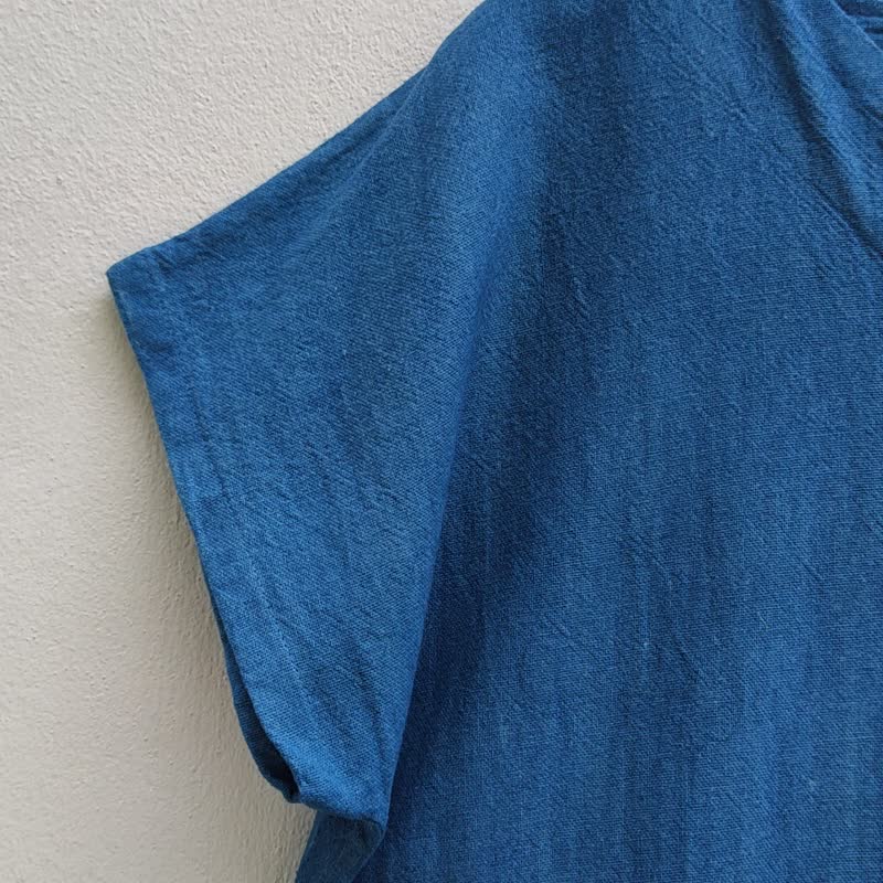 V-Neck Blue Dress - 短袖扎染连身裙 - 洋装/连衣裙 - 棉．麻 蓝色