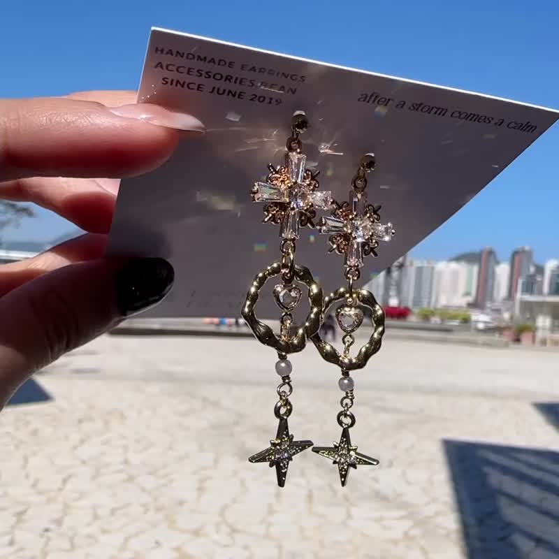 夜空中闪耀繁星耳环 - 耳环/耳夹 - 其他金属 卡其色