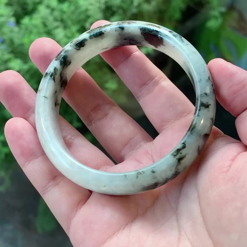白写 | 冰糯种 / 墨飘花 / 平安镯 / 手围19 | 天然A货翡翠玉镯 - 手链/手环 - 玉石 白色