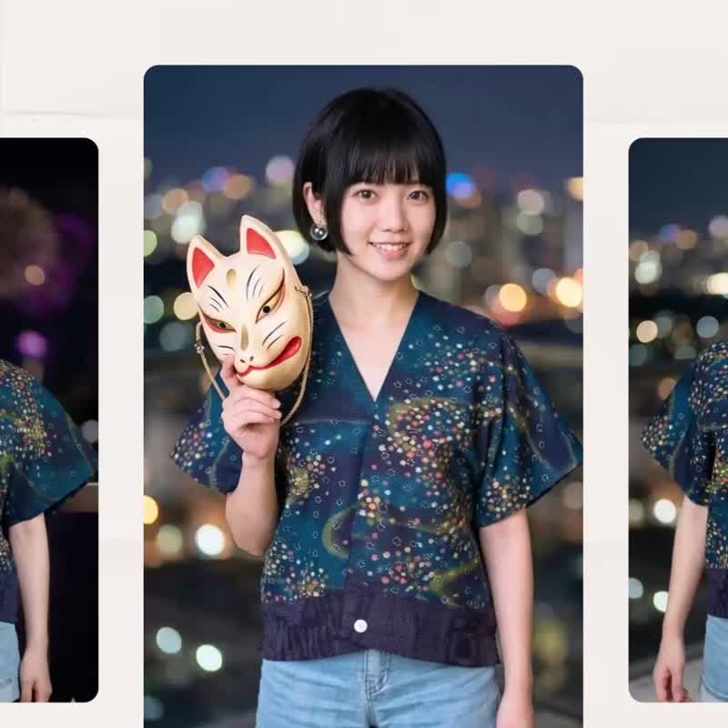 古董丝质深蓝色银河五彩金平糖星星微修身日式四角衣罩衫 - 洋装/连衣裙 - 丝．绢 多色