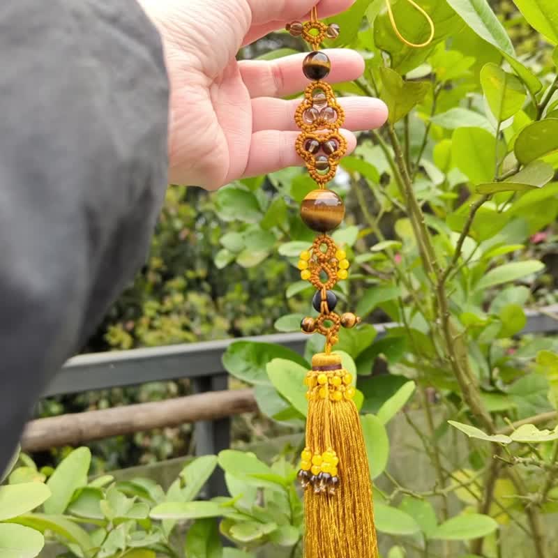 中國結流蘇古典吊坠压襟团扇挂饰包包挂坠汉服天然黄虎眼 - 吊饰 - 半宝石 橘色