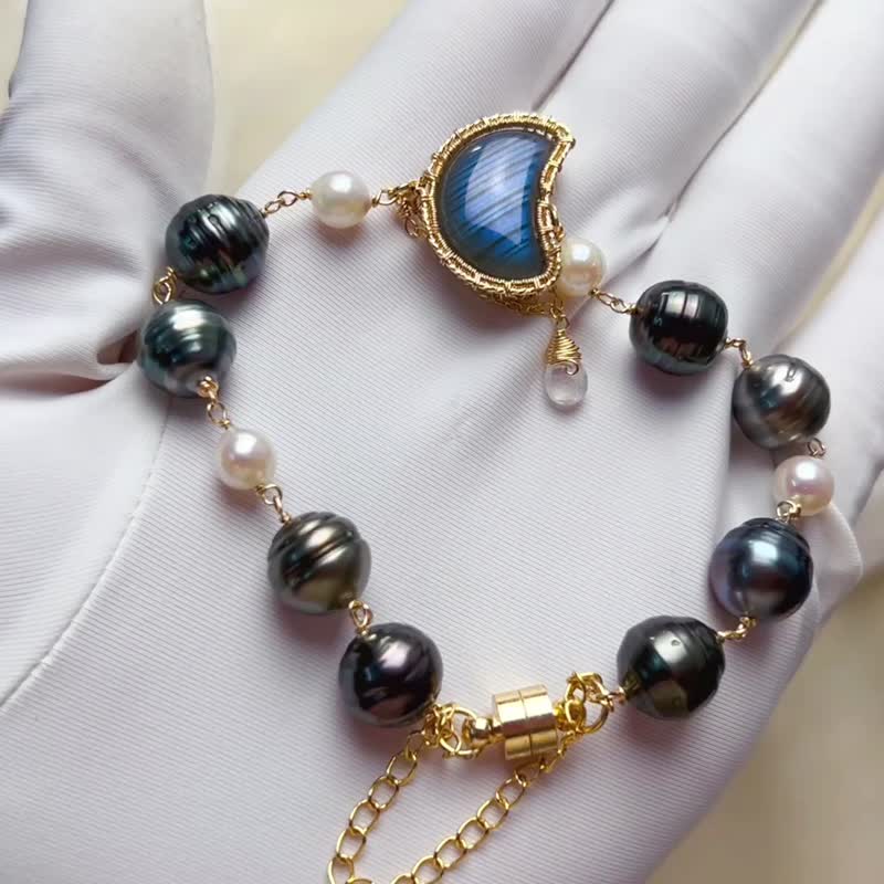 纯手工14K包金绕线月亮石大溪地海水珍珠 - 手链/手环 - 宝石 多色