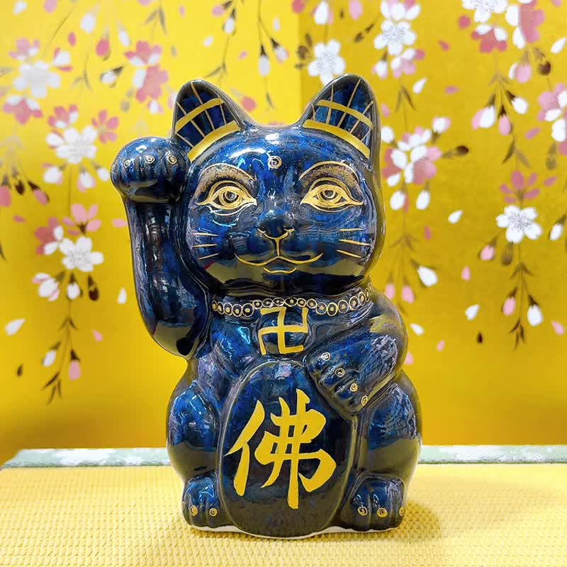 【灵喵守心】日本清水烧招财猫 | 青墨 - 佛猫 右 - 摆饰 - 瓷 蓝色