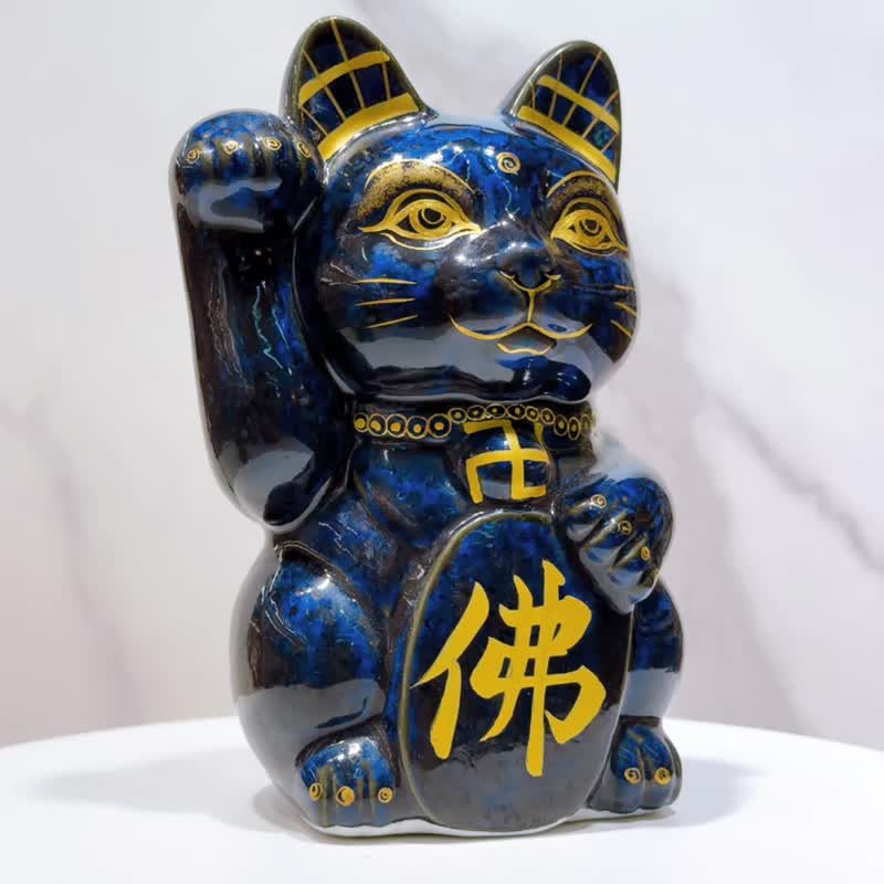 【灵喵守心】日本清水烧招财猫 | 青墨 - 佛猫 右 - 摆饰 - 瓷 蓝色