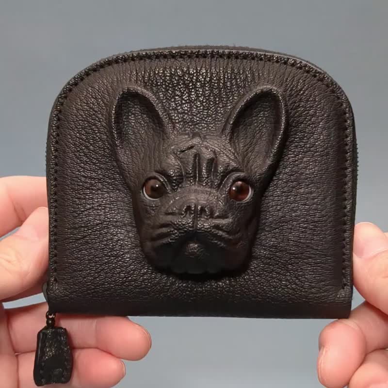 3D 法国斗牛犬 皮革钱包 – 独特日本手工制作 - 皮夹/钱包 - 真皮 黑色