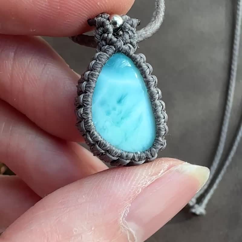 CSP82 民族风 蜡线编织 海纹石 颈链 (可调长度) - 项链 - 宝石 灰色