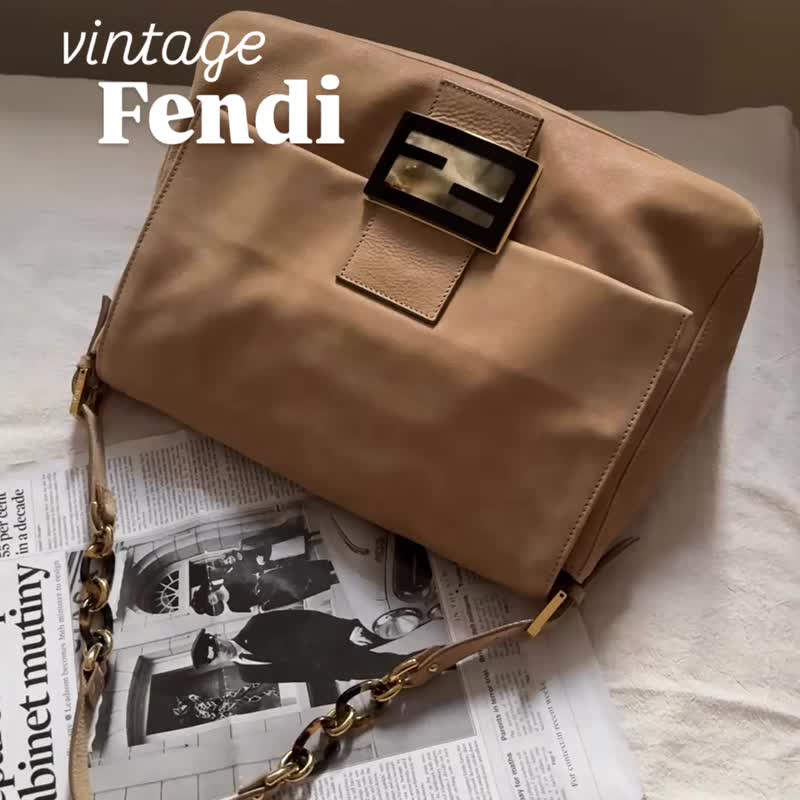 【稀有 】中古Fendi玳瑁卡其大法棍 单肩包 - 侧背包/斜挎包 - 真皮 卡其色