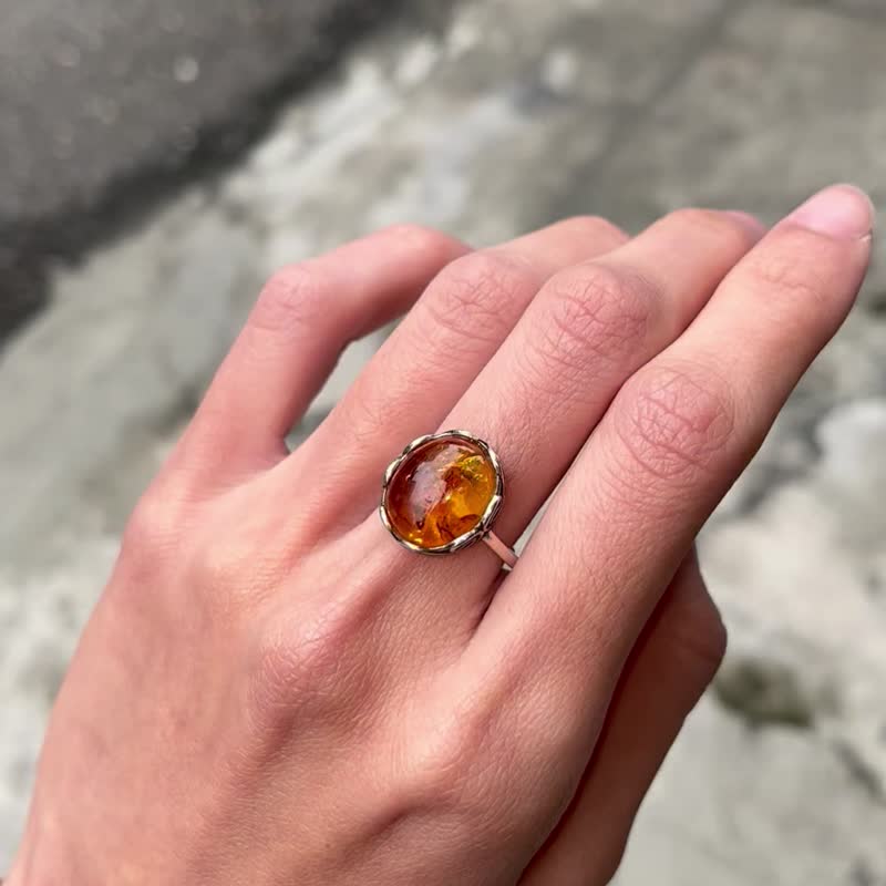 喜迎瑶 925银 花珀 琥珀 天然石 活口 戒指 民族风 复古风 男女 - 戒指 - 水晶 银色
