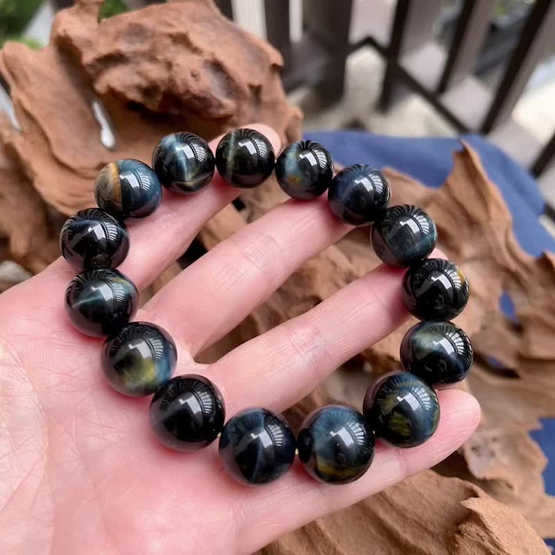 【永恒的勇气】蓝金双色天然虎眼石手串14mm - 手链/手环 - 半宝石 金色