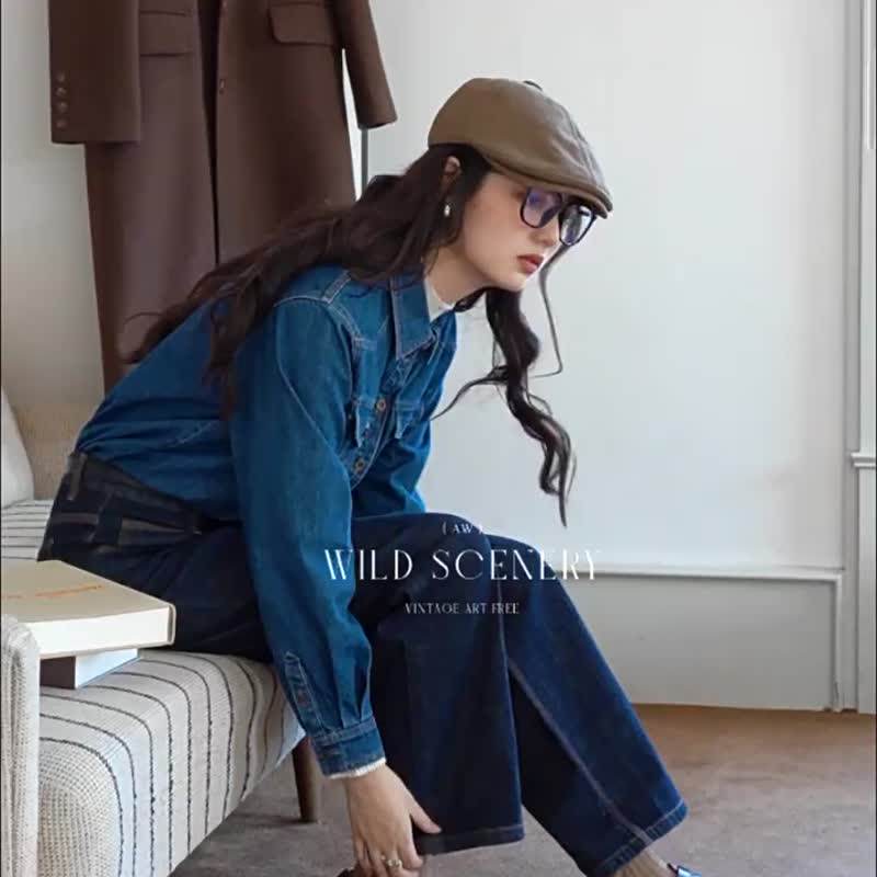 深藍色 丹寧公式 日系復古深藍色牛仔褲 邊赤耳闊腿褲直筒褲 - 女装长裤 - 棉 蓝色