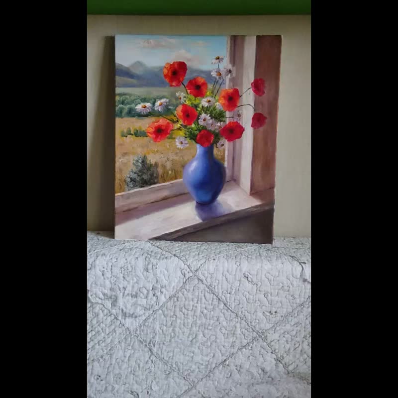 画布绘画鲜花罂粟和雏菊花束原始花卉静物 - 海报/装饰画/版画 - 其他材质 红色