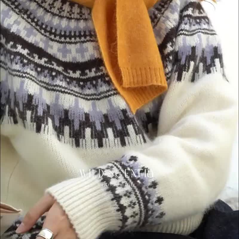 暖白色 北歐秘境 復古費爾島提花兔毛針織毛衣 圓領套頭衫 - 女装针织衫/毛衣 - 羊毛 白色