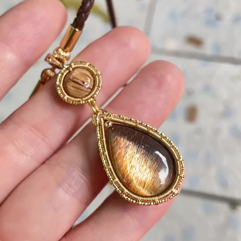 | MC |保色铜线黑太阳石骨干+钛晶项链 手工编织  wire wrap - 项链 - 宝石 橘色