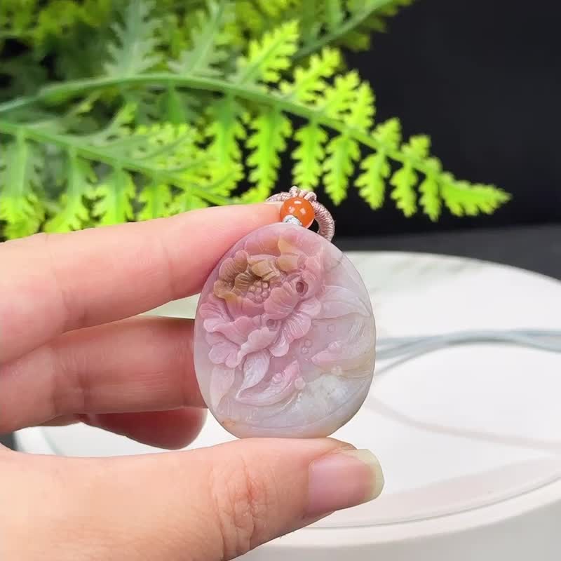 高品质盐源玛瑙吊坠项链粉紫绿哑光手雕鱼戏荷花富贵吉祥连年有余 - 项链 - 半宝石 