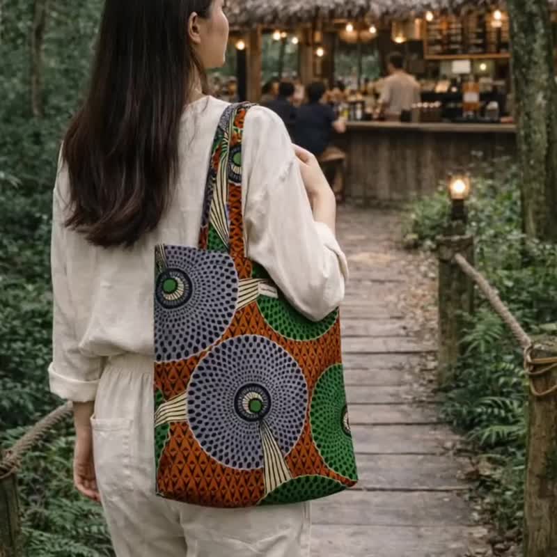 非洲印花托特包 绿色大地色调 | Nabi House 手工制作 - 手提包/手提袋 - 棉 绿色
