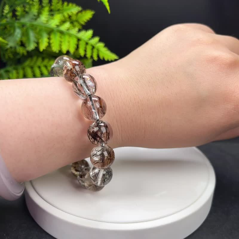 高品质天然黑金超七手串男女冰透干净金闪发丝水晶手链简约13.5mm - 手链/手环 - 水晶 
