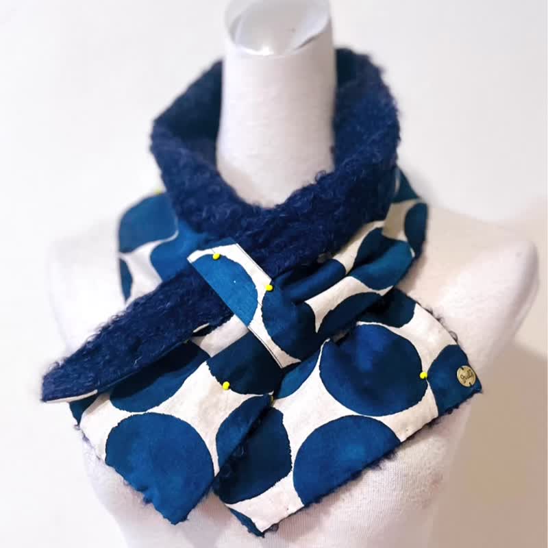 纯手作棉麻水彩手绘风蓝色大圆点柠檬黄珠珠羊毛脖围 围脖 - 围巾/披肩 - 羊毛 蓝色